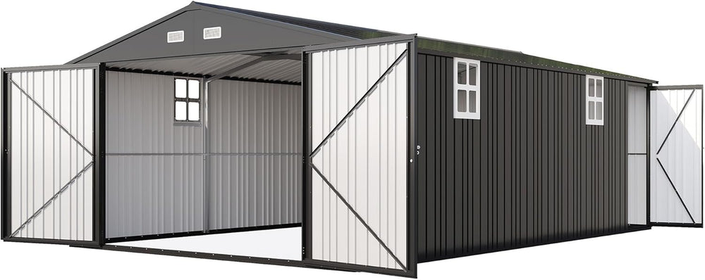 AMERLIFE 10x21x7.3 FT Metal Garage Shed with Double Hinged Doors, 4 Windows