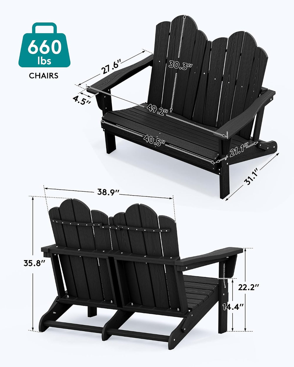 SERWALL Folding Adirondack Bench, HDPE Outdoor Bench, 660lbs Cap, Black