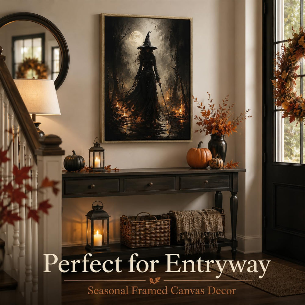 Halloween Framed Wall Art, Dark Witch in Moonlit Forest Halloween Pictures