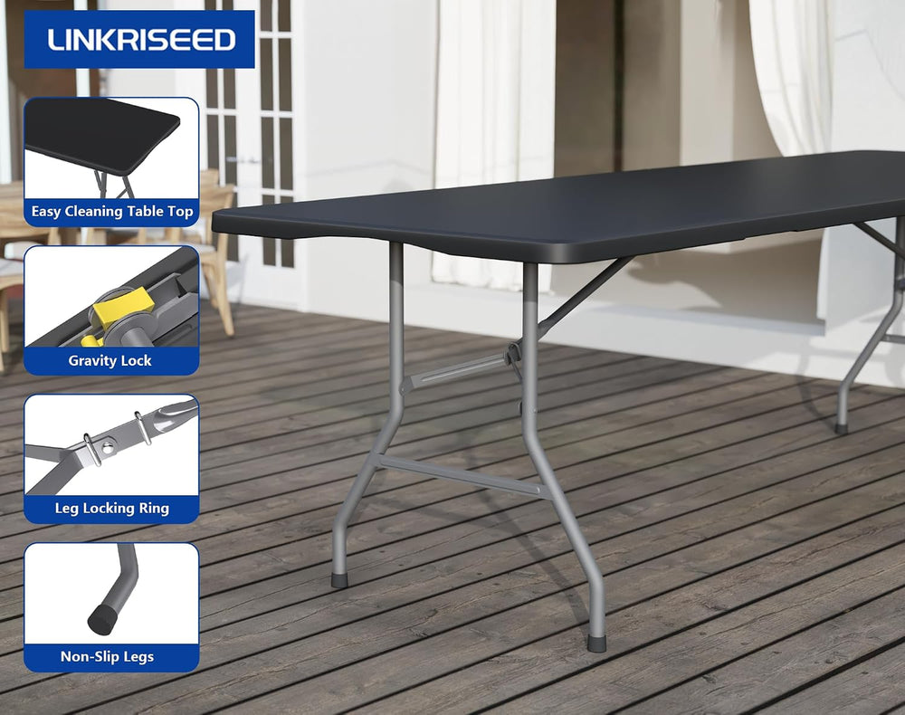 2 Pack 8FT Black Folding Table for Outdoor, 8 Foot Picnic Tables No Assembly ...