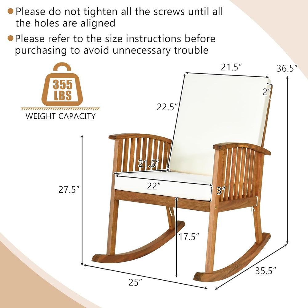 2PCS Rocking Chair Outdoor, Acacia Wooden Rocker Chair with Seat and Back Cus...