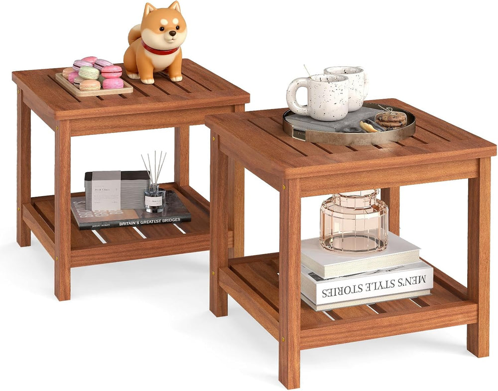 HAPPYGRILL 2-Tier Outdoor Wood Side Table with Storage Shelf, Patio Wooden En...