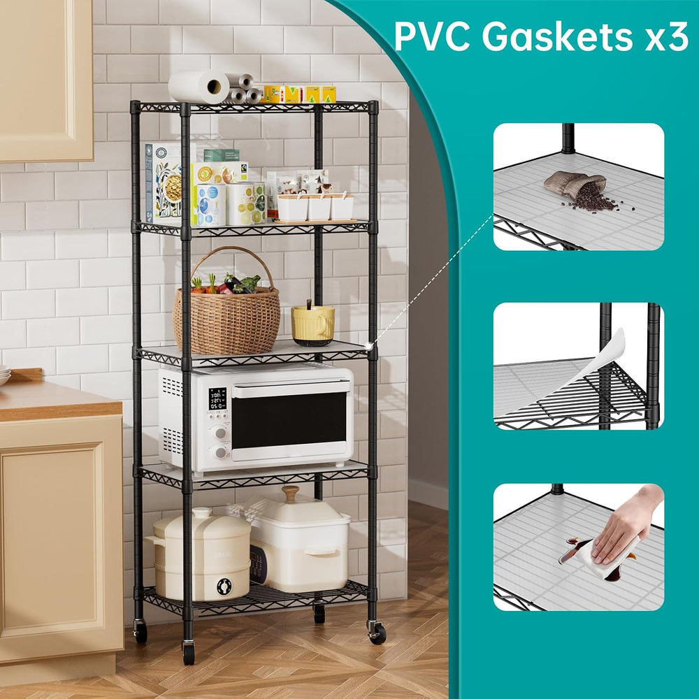 5 Shelves Storage Wire Shelf Closet Metal Shelving Pantry Wheels