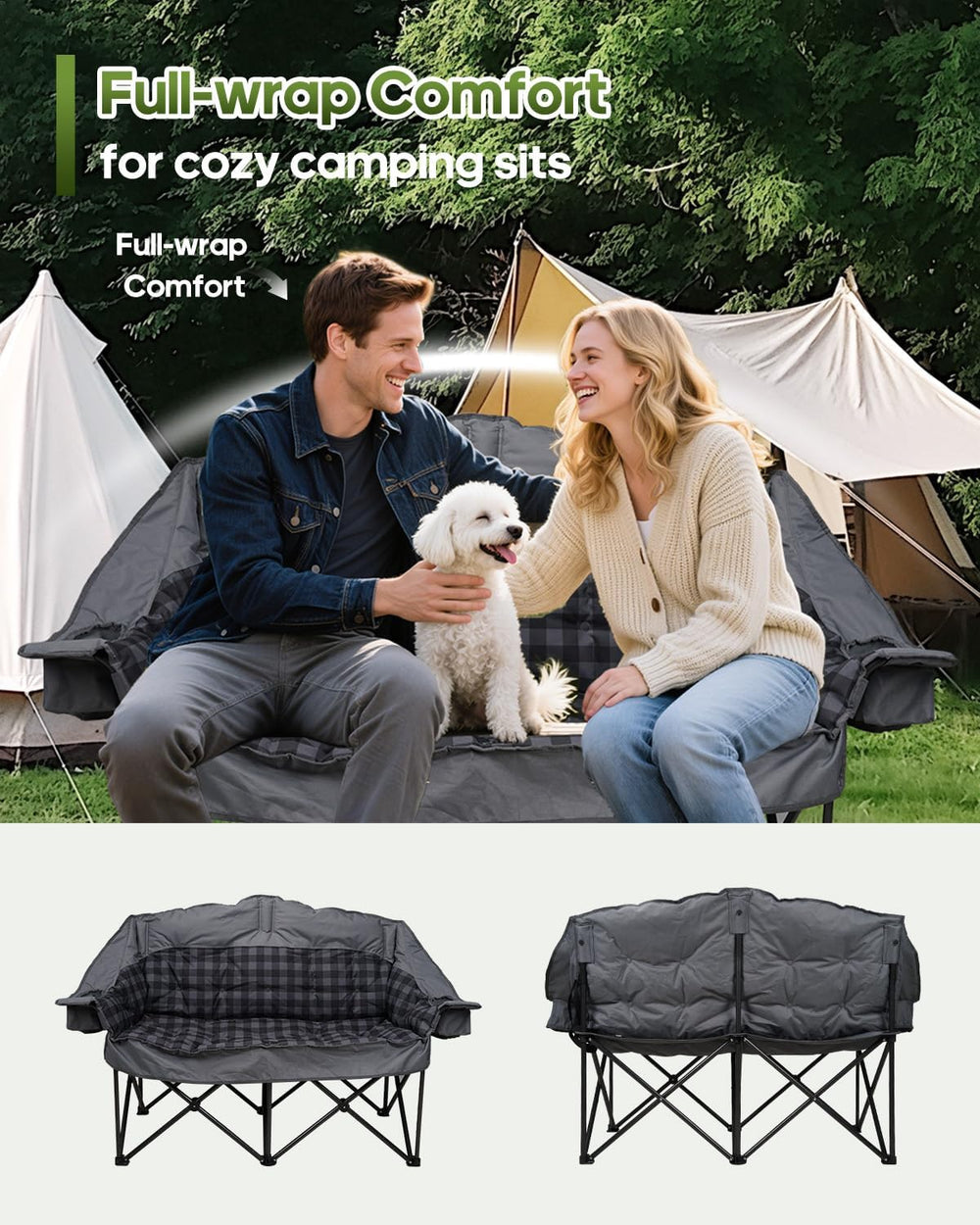 Heated Padded Double Camping Chair with 2 in 1 Carry Bag, 900LBS