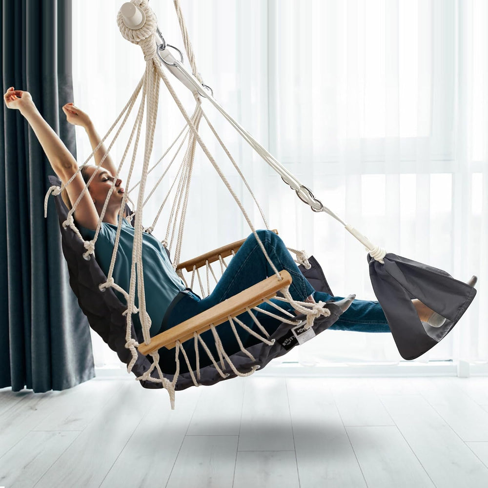 Hammock Chair Hanging Swing,with Footrest&Wooden Armrest;Dark Grey