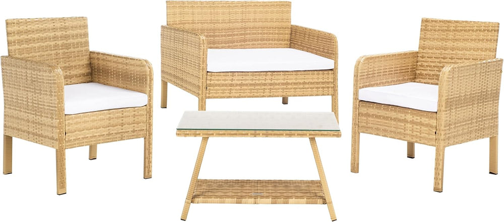 SAFAVIEH Outdoor Collection Aboka Natural/White Cushion 4-Piece Conversation ...
