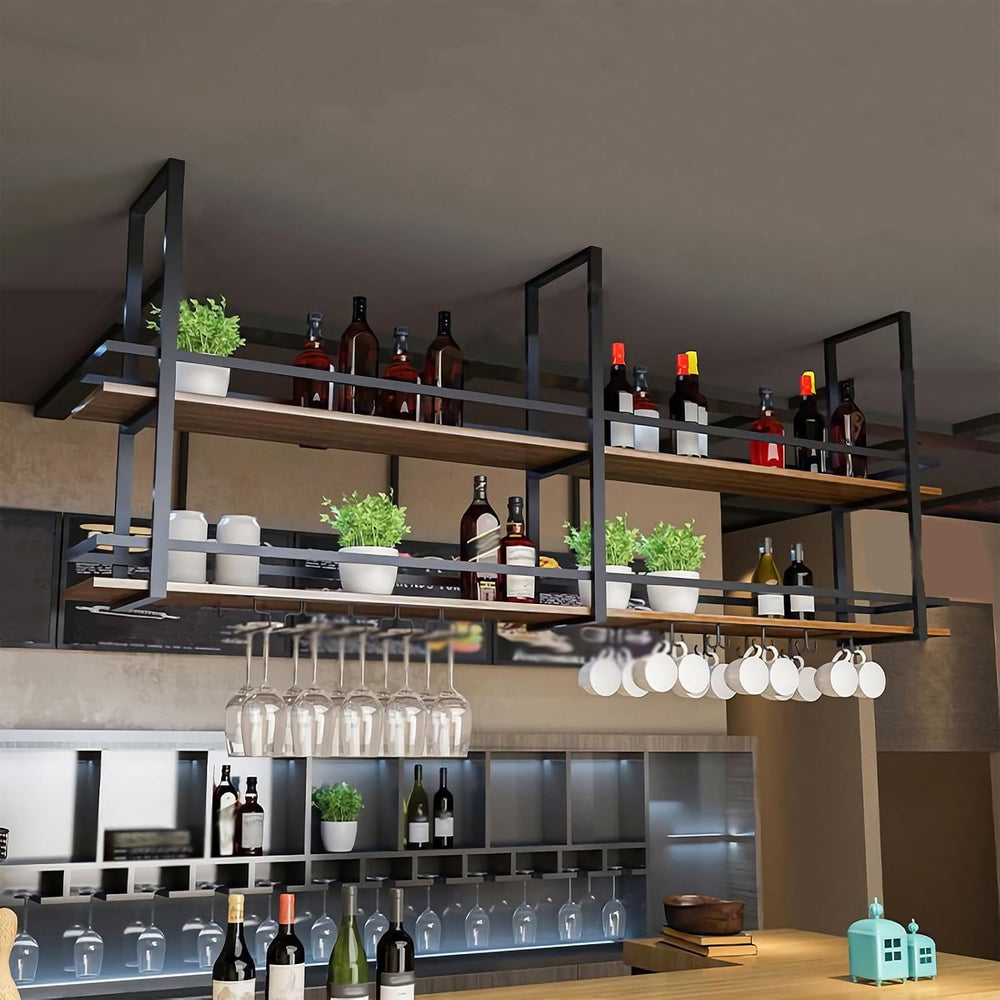 Ceiling Wine Glass Rack with Glass Holder, 39.3in 2-Tier Hanging Bar Shelf