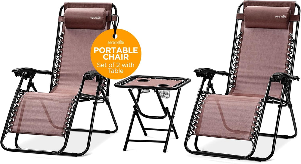 SereneLife 2 Pack Zero Gravity Recliner Chairs with Table, Brown