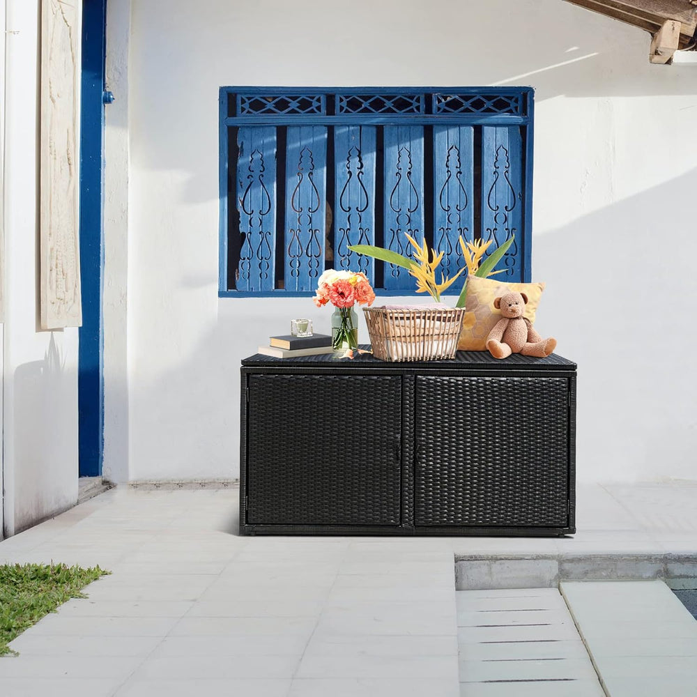 HAPPYGRILL Deck Box Outdoor Wicker Storage Box Cabinet, 88 Gallon Patio Ratta...