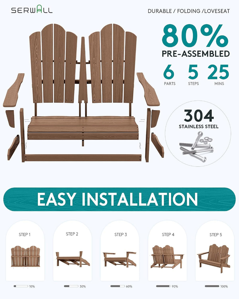 SERWALL Folding Adirondack Bench, HDPE Outdoor Bench, 660lbs Cap, Brown