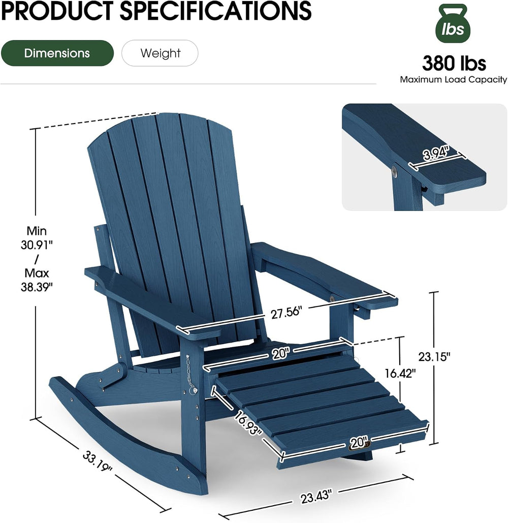 4-in-1 Rocking Adirondack Chair with Footrest, HDPE, Navy Blue