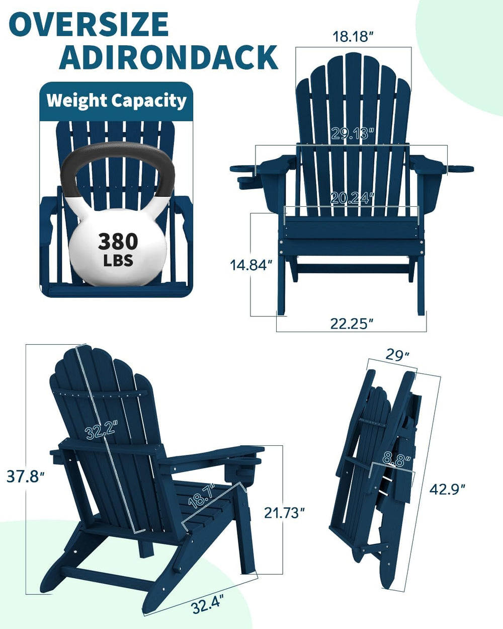 Oversized Folding Adirondack Chair Set of 4, Outdoor Chair, Navy