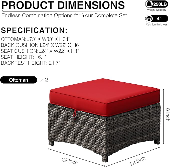 Joyside Outdoor Ottoman Set of 2, Patio Large Ottoman Foot Rest with Thickene...