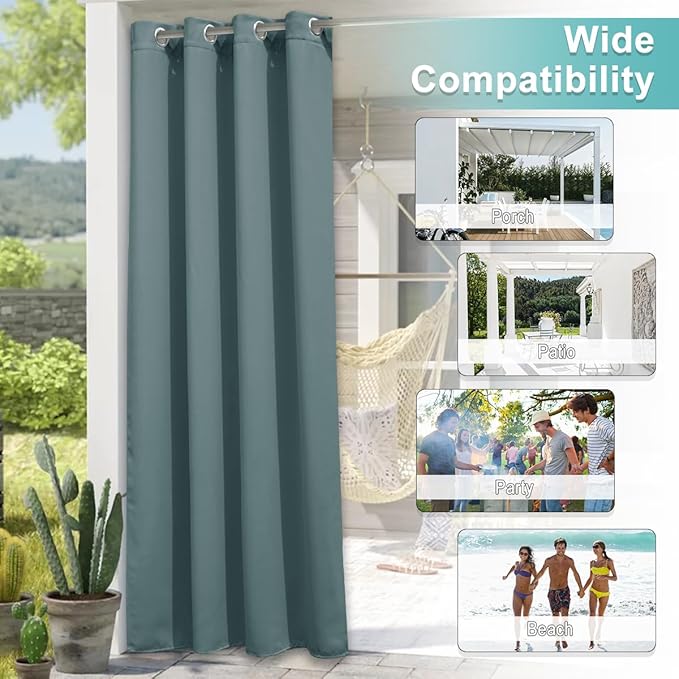 NICETOWN 2 Panels Greyish Blue Outdoor Curtains for Patio Waterproof, Stainle...