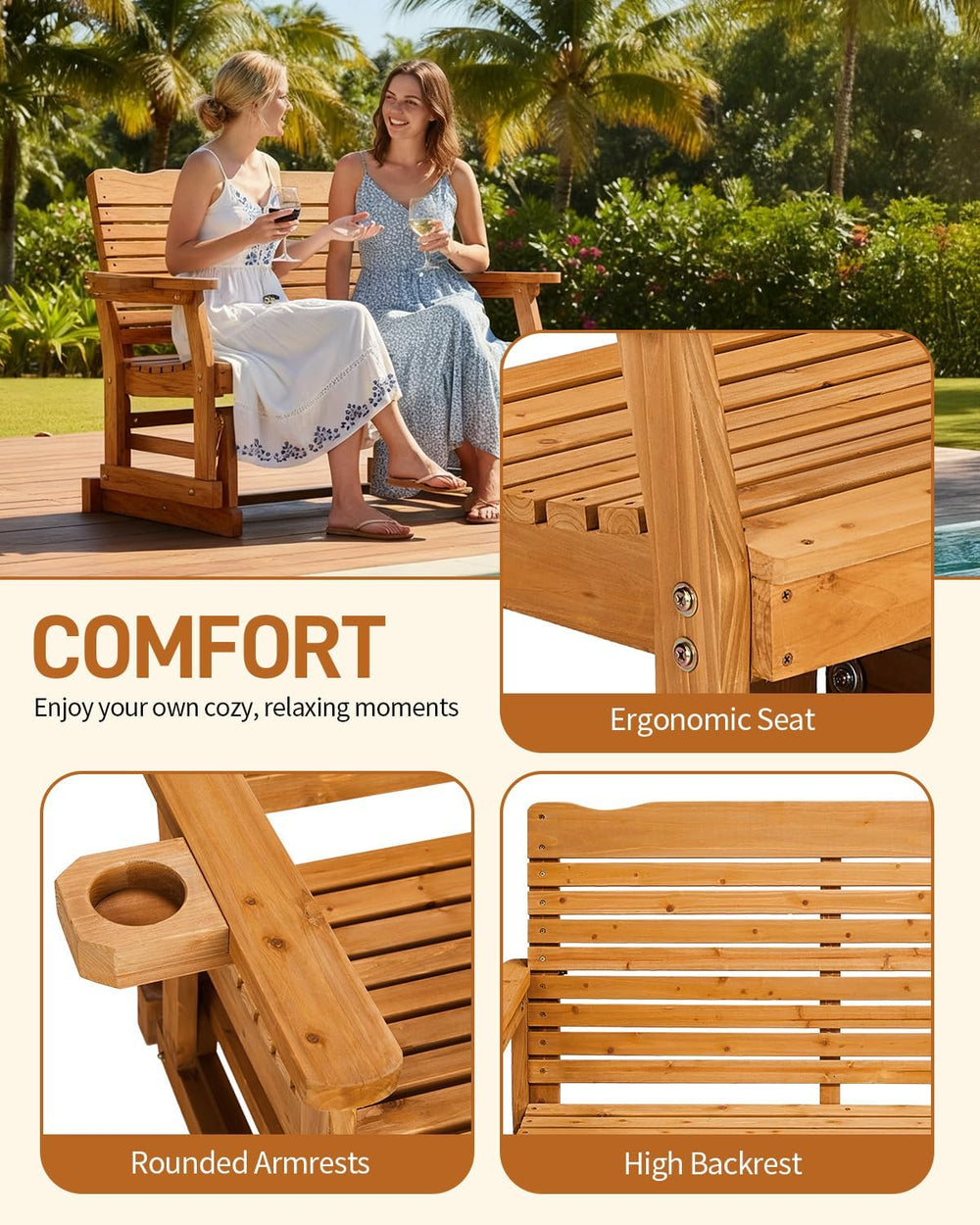 Patio Glider with Cup Holders, Wooden Outdoor Glider Bench with High Roll Bac...