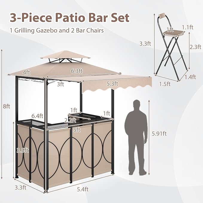 Tangkula 3 Piece Patio Bar Set, Grill Gazebo & 2 Foldable Bar Stools with...