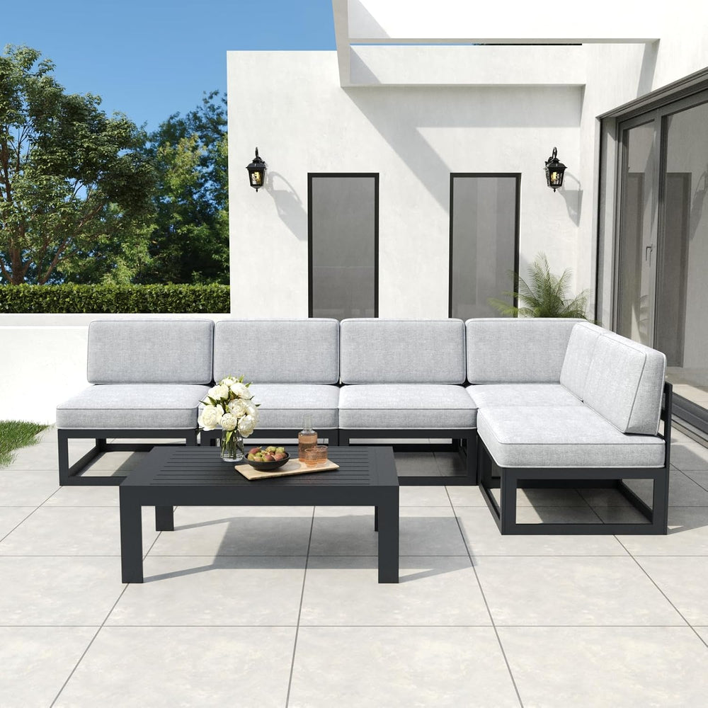 6 Pieces Aluminum Patio Furniture Set with Coffee Table, Metal Outdoor Conver...