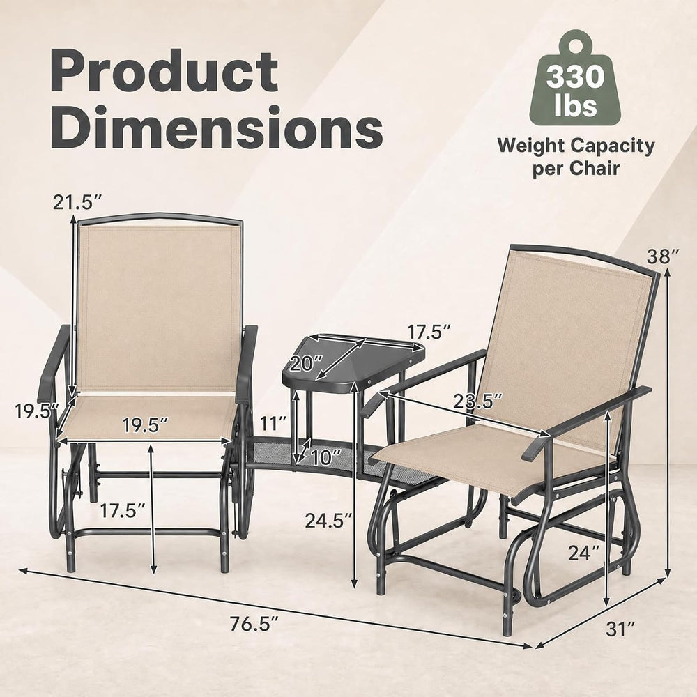 GIANTEX Outdoor Glider Chairs with 2-Tier Center Table, 2-Person Loveseat