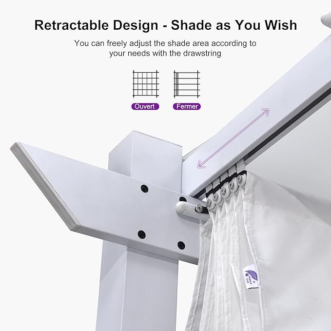 PURPLE LEAF 10' x 13' Aluminum Outdoor Pergola White Retractable Perg...
