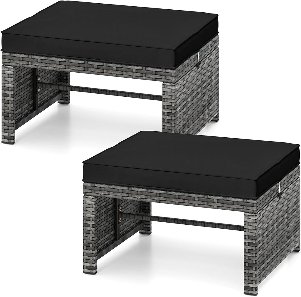Tangkula 2 Pieces Patio PE Rattan Ottomans, Multipurpose Outdoor Footstool Fo...