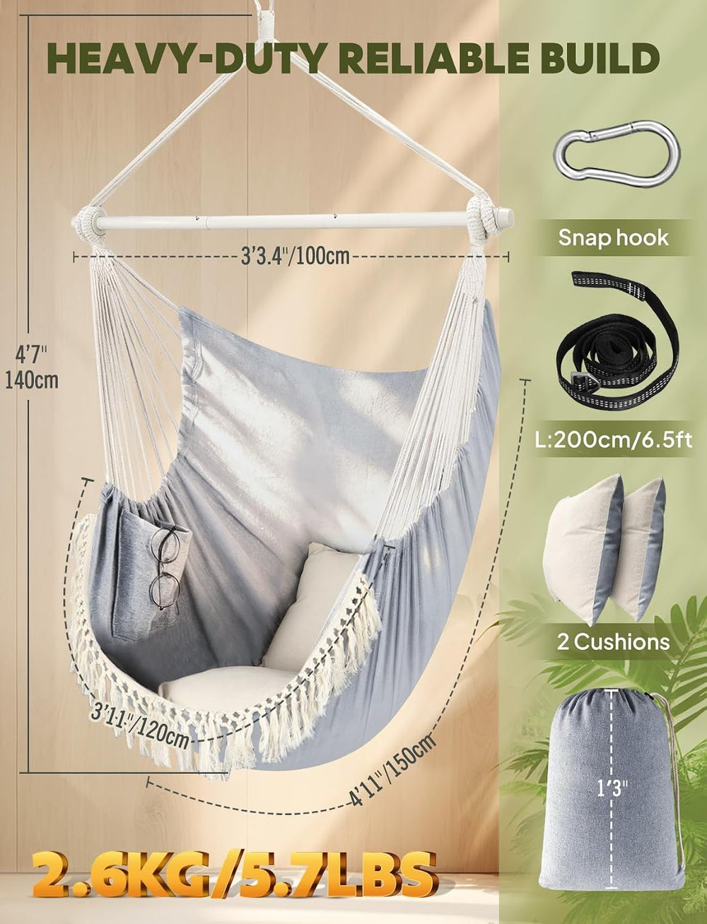 Chihee Hammock Chair 4.9ft x 3.9ft Max 500 Lbs 2 Cushions Strap Carabiner