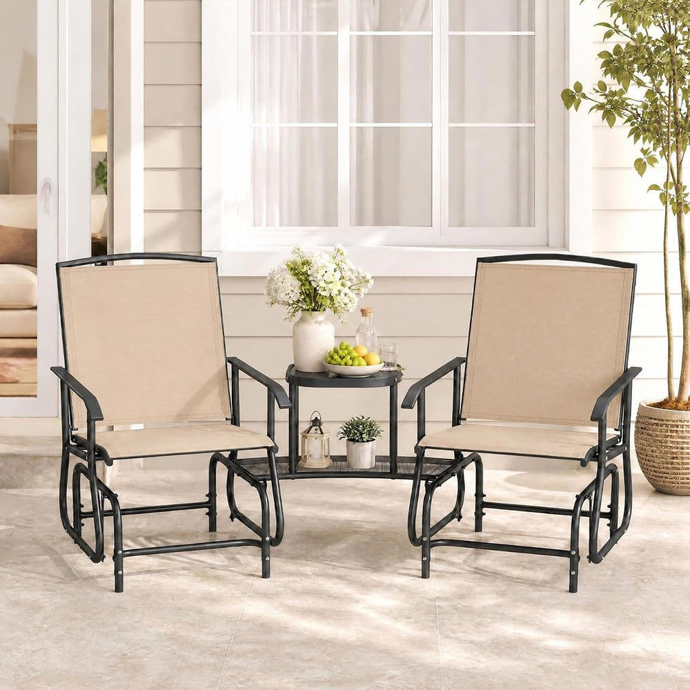 GIANTEX Outdoor Glider Chairs with 2-Tier Center Table, 2-Person Loveseat