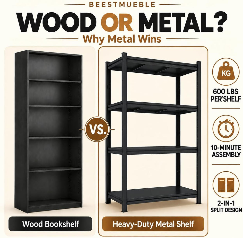 Metal Book Shelf, Adjustable Tall Bookcase No-Assembly-Required BookShelves