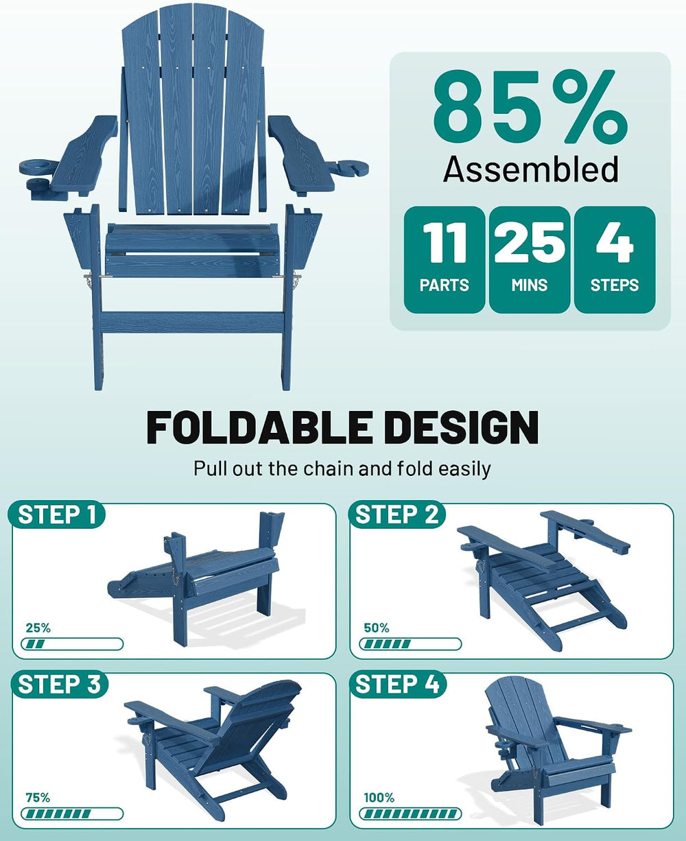 PLUUV Adjustable Folding Adirondack Chairs Set of 2 with Cup Holders, Navy