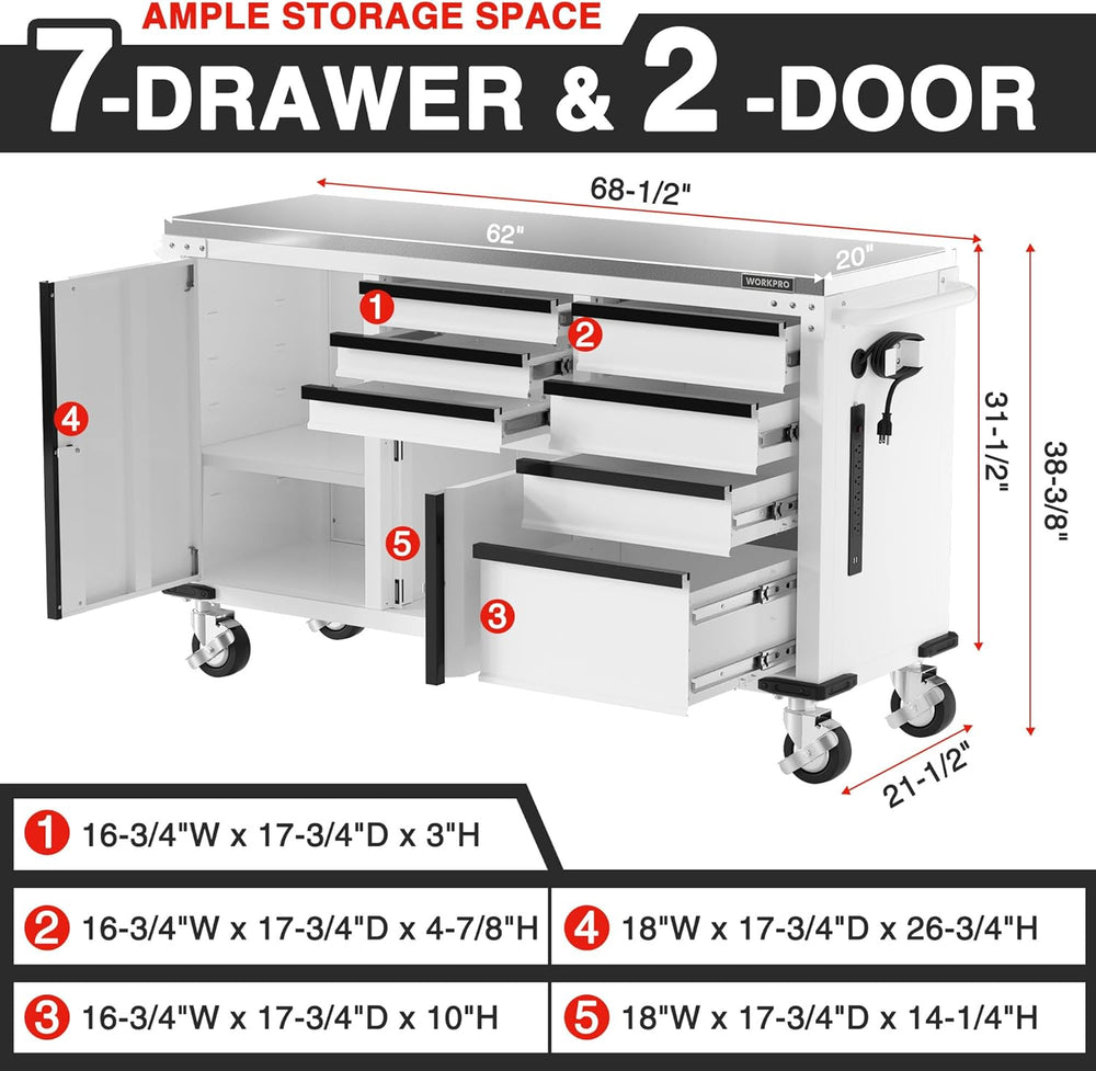 WORKPRO 62" x 20" 7-Drawer & 2-Door Rolling Tool Chest with Sta...
