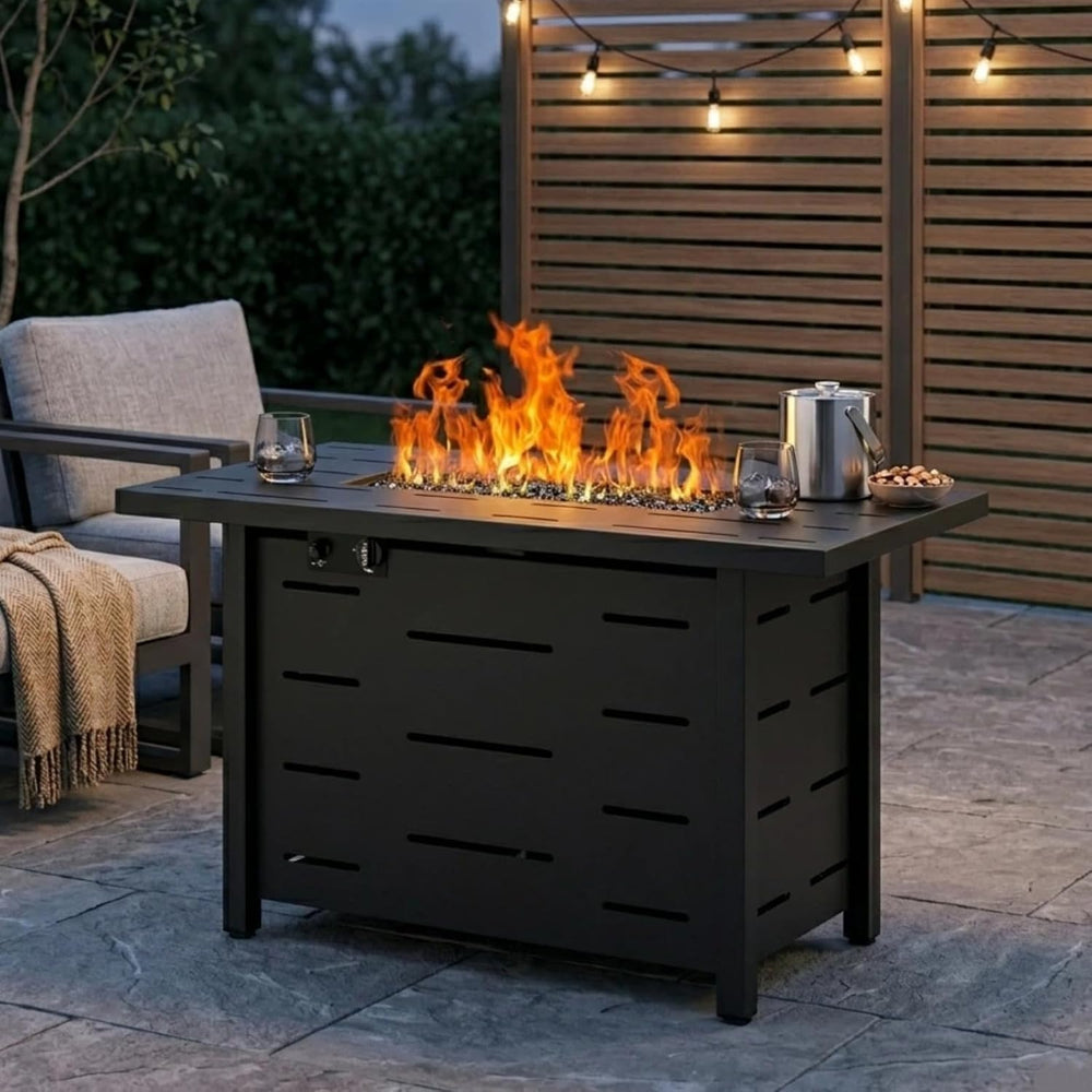 JAMFLY 4-Piece PE Wicker Patio Set with 43" Propane Fire Pit Table, Beige