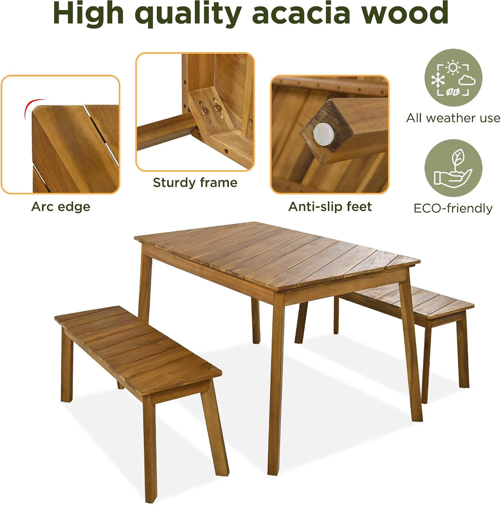 3 Pieces Patio Dining Set, Outdoor Acacia Wood Table and 2 Benches, Outdoor D...