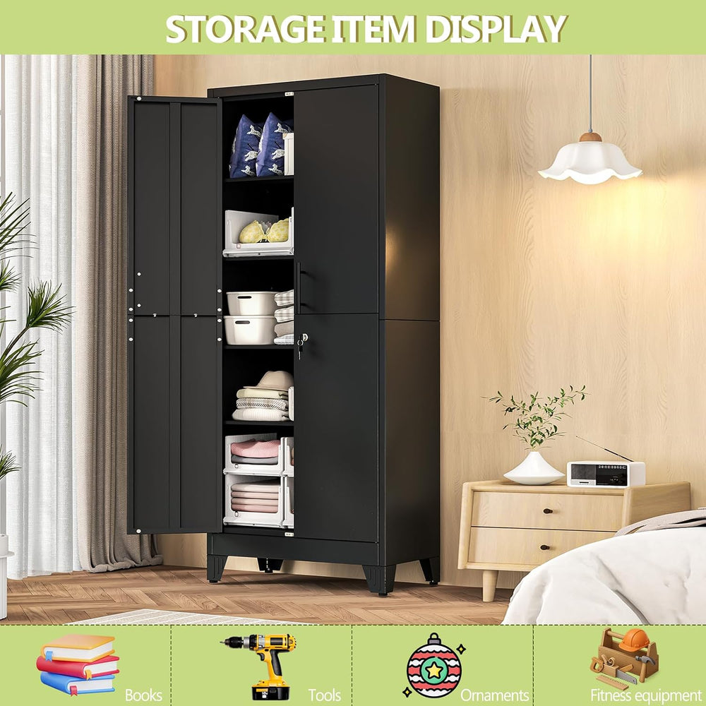 Black Kitchen Pantry Cabinets, 71 Metal Lockable Storage for Office