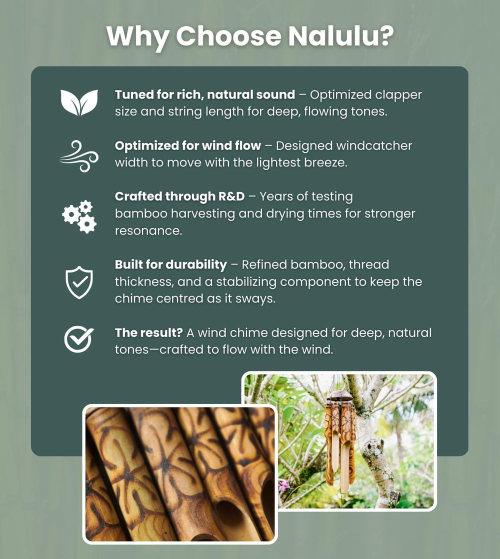 Nalulu Rustic Bamboo Wind Chimes - Outside Outdoor Wooden Windchimes, Medium,...