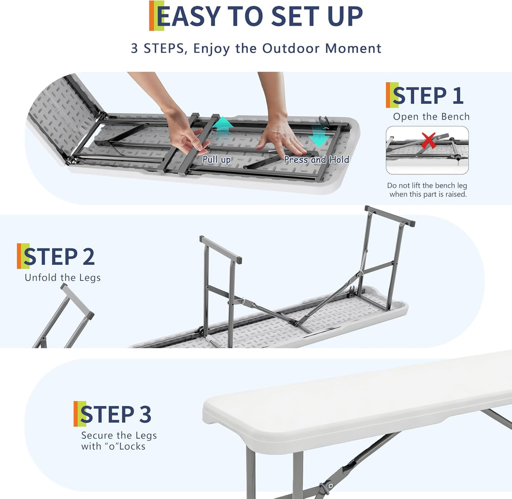 6FT Folding Bench 2 Pack, Plastic Portable Bench Seat with Carry Handle