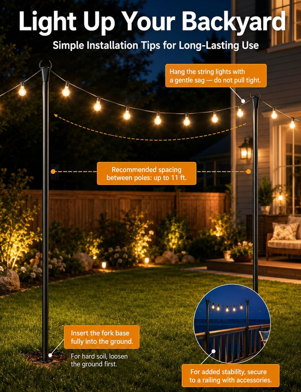6 Pack String Light Poles for Outside, Adjustable Metal Patio Light Poles