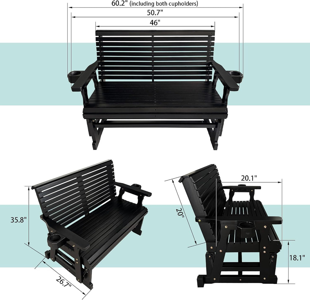 Fortune Candy Patio Glider with Cup Holders, Matte Black, 2-Seater