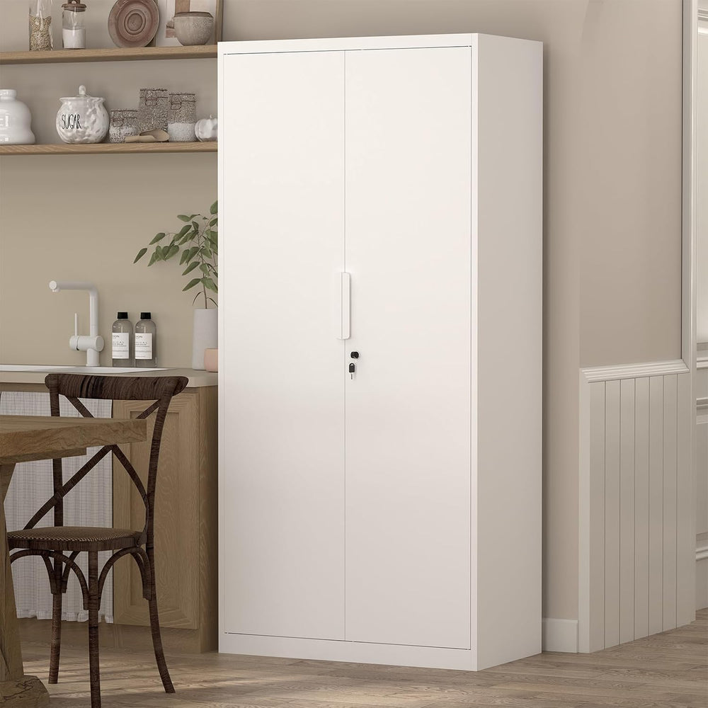 White Metal Storage Cabinet with Doors and Shelves, 71" Tall Metal Garag...