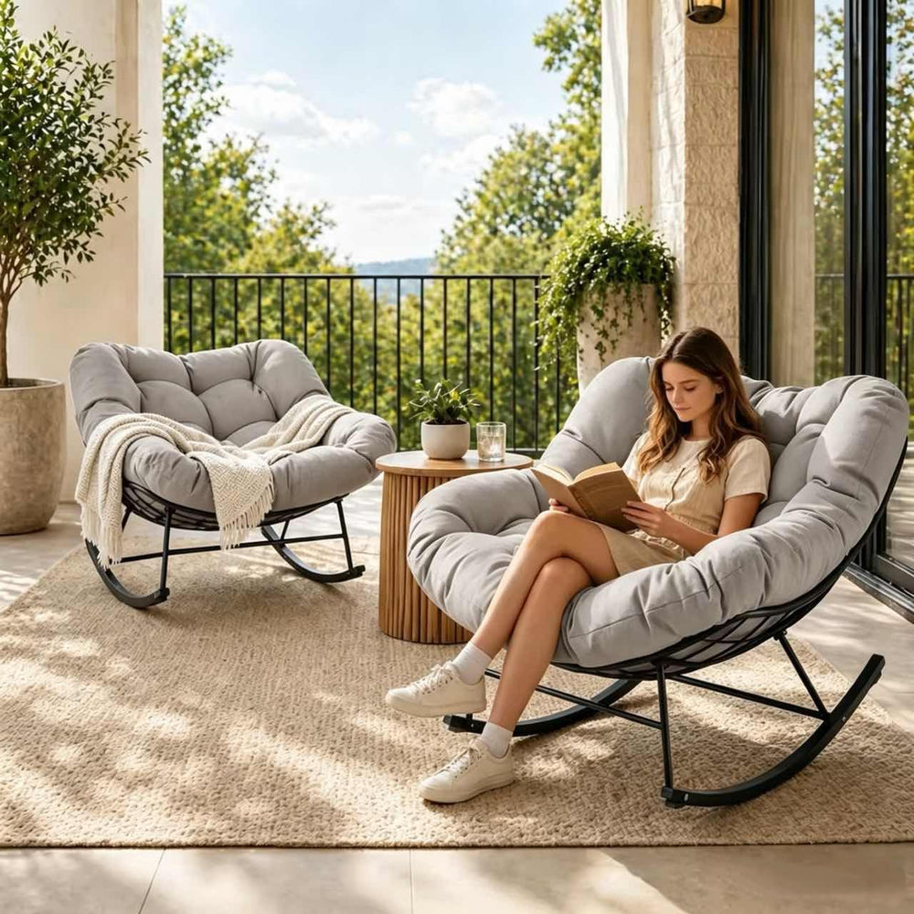 JEAREY Papasan Rocking Chairs Set of 2, Oversized Egg Chairs, Grey