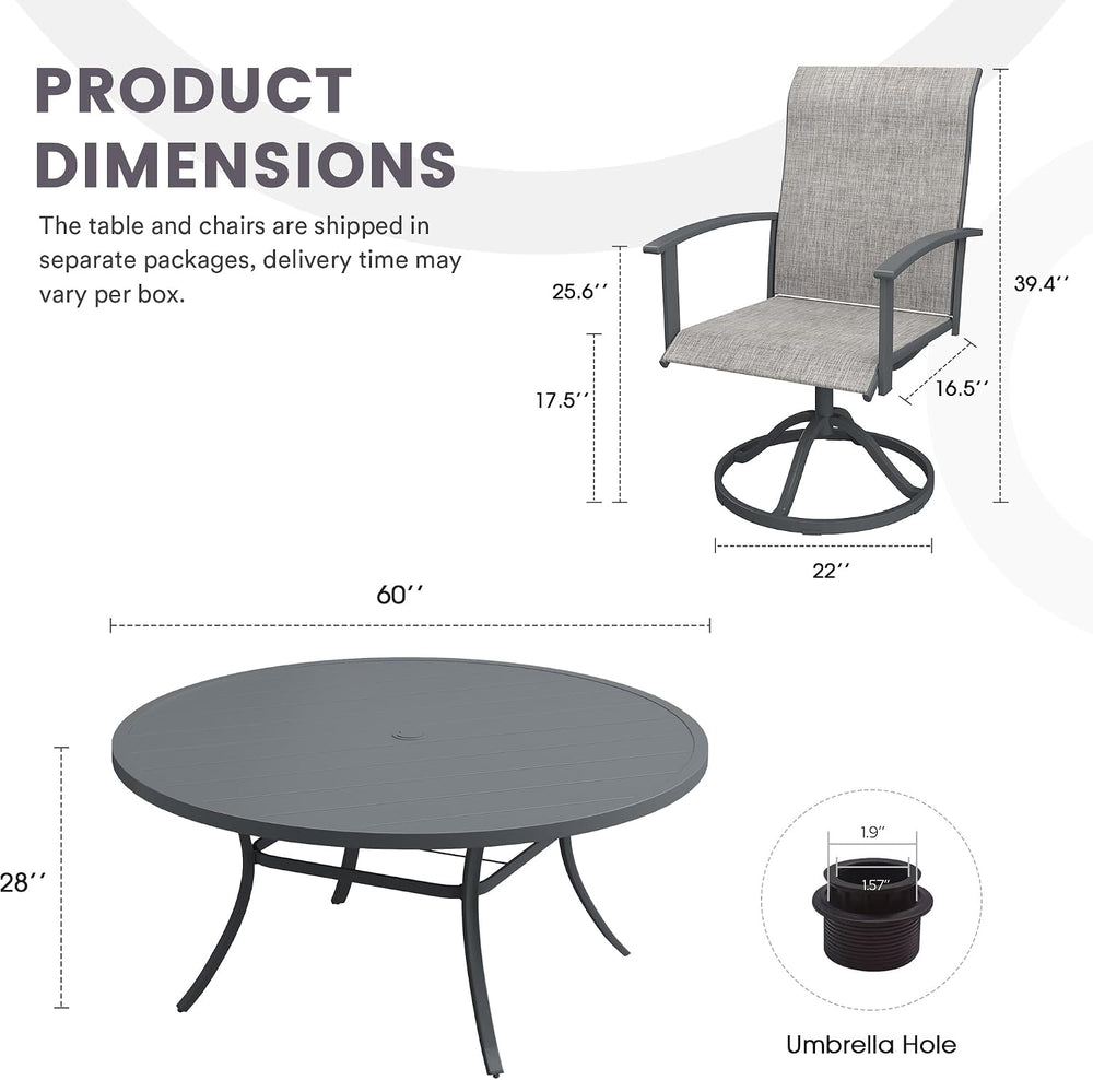 9PCS Outdoor Dining Set, 60" Round Table and 8 Swivel Chairs, Grey