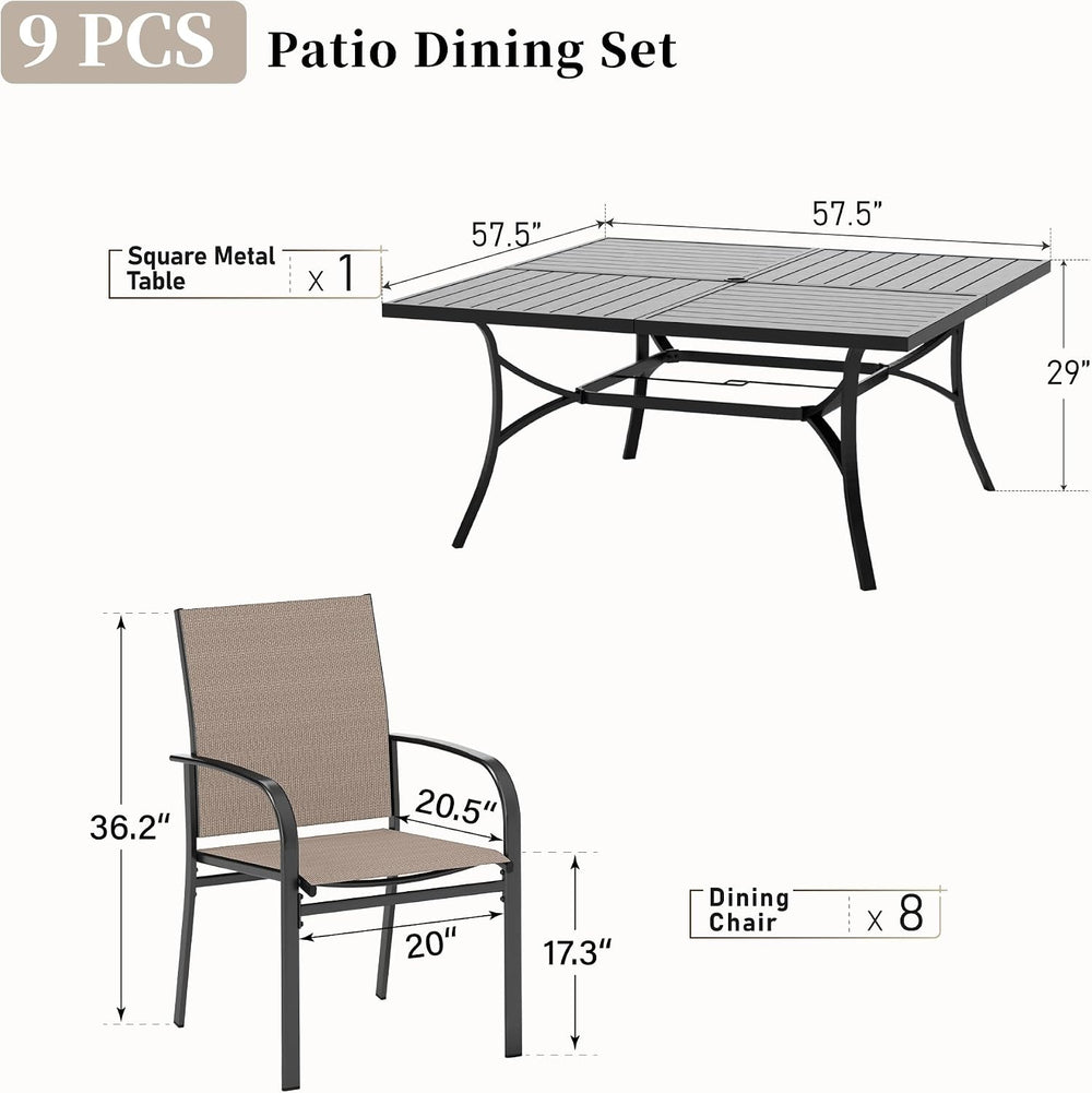 SUNSHINE VALLEY 9pc Patio Dining Set, 57.5" Square Table & 8 Brown C...