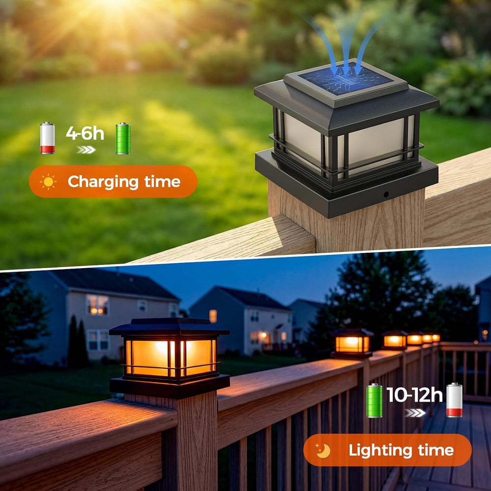 JOFIOS Flickering Flame Solar Post Cap Lights Outdoor, Black Post Lights with...