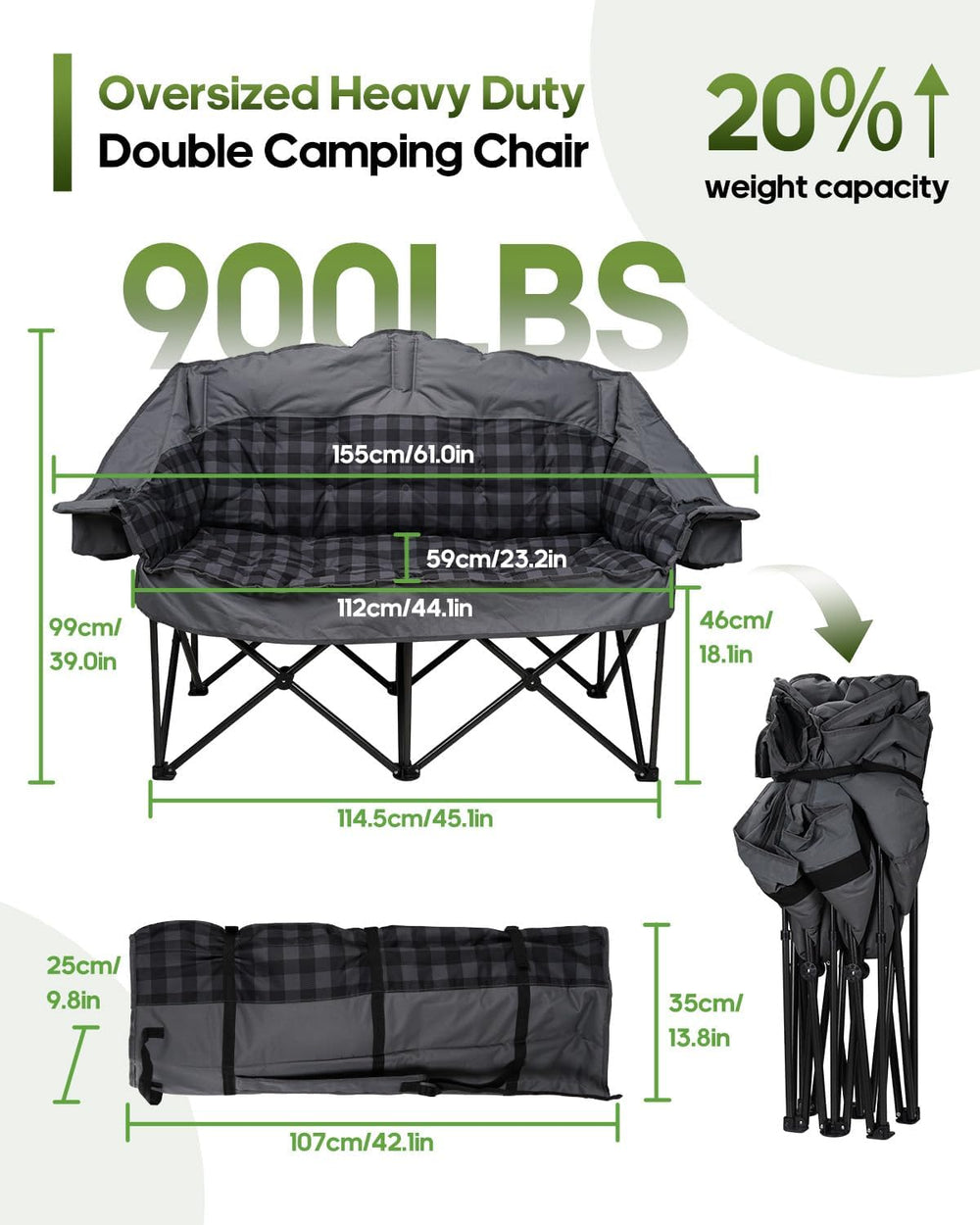 Heated Padded Double Camping Chair with 2 in 1 Carry Bag, 900LBS