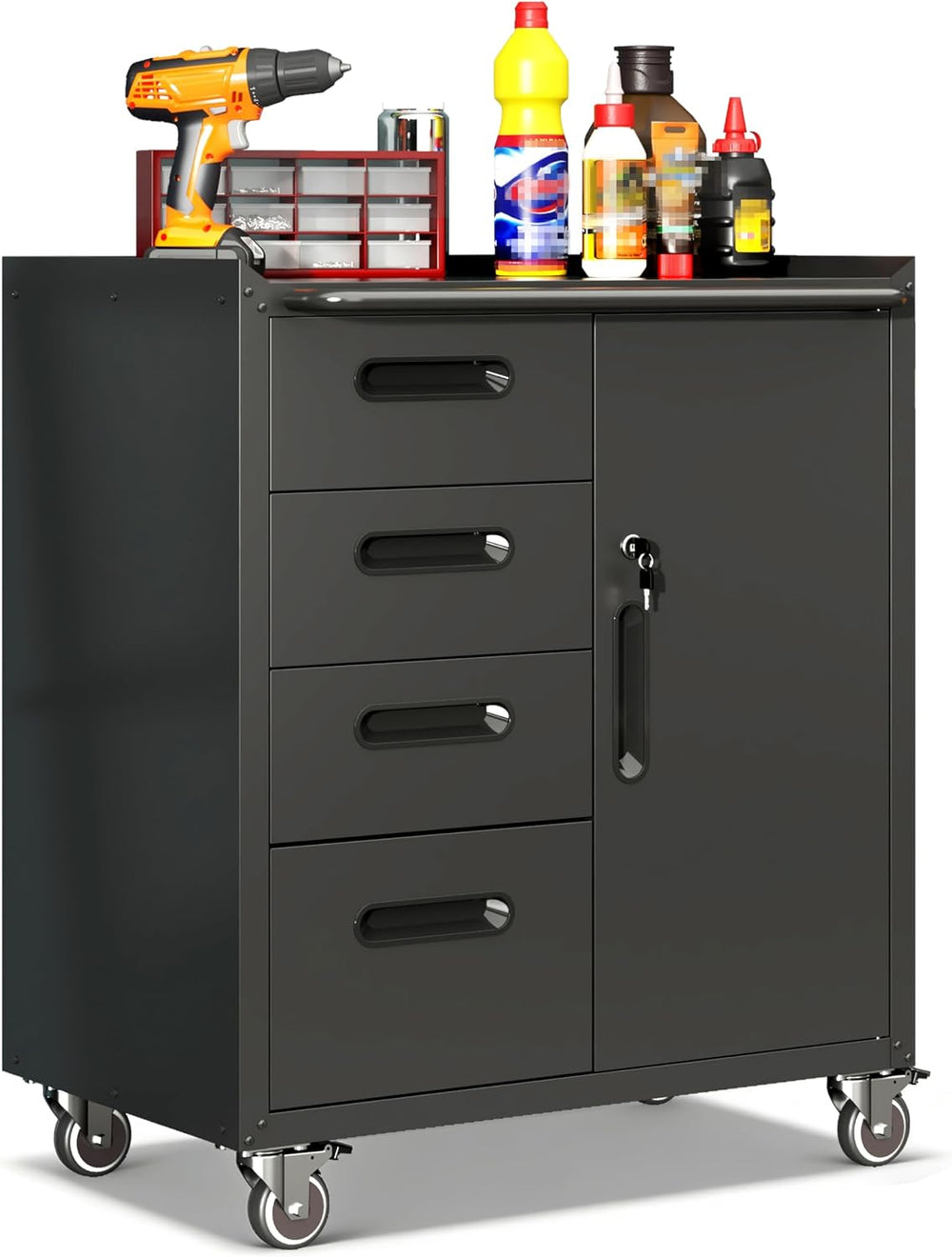 Garage Cabinets,Metal Garage Storage Cabinet with Wheels,Black Lockable Rolli...