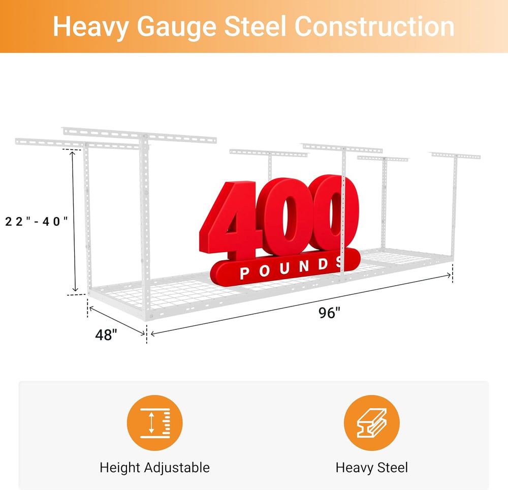 2x8ft Overhead Ceiling Garage Storage Rack, 400LBS Capacity, White