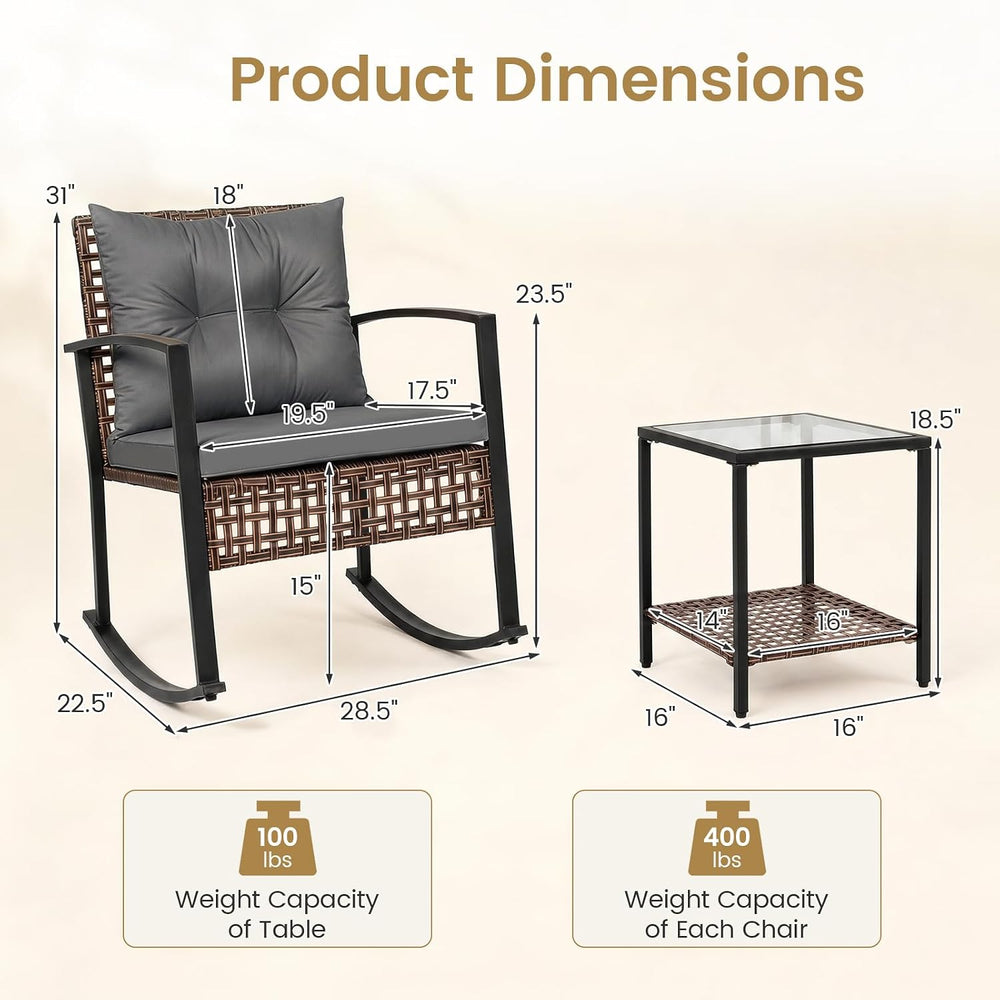Tangkula 3-Piece Outdoor Rocking Chair Set w/ 2-Tier Glass-Top Side Table