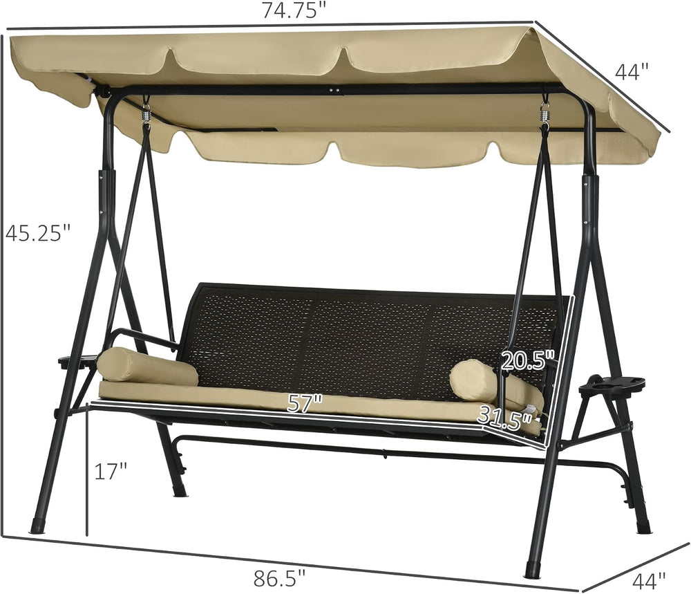 Outsunny 3-Seat Patio Swing Chair Swing Bench Adjustable Shade Rattan Seat