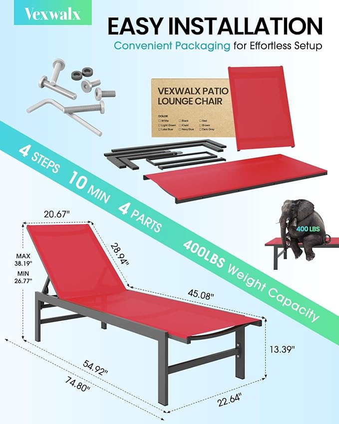 Outdoor Lounge Chairs Set of 2, Aluminum Patio Chaise Lounge Chairs with 5-Po...