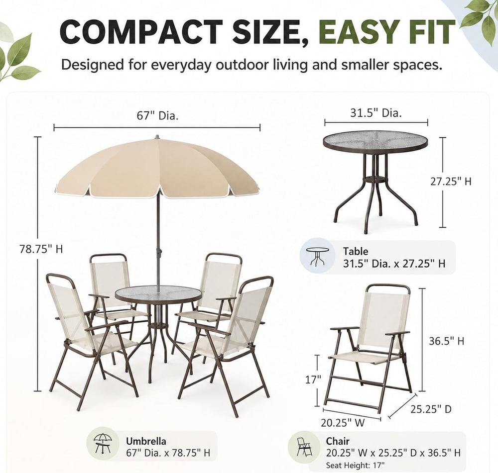 6-Piece Patio Dining Set for 4 with Umbrella (Beige)