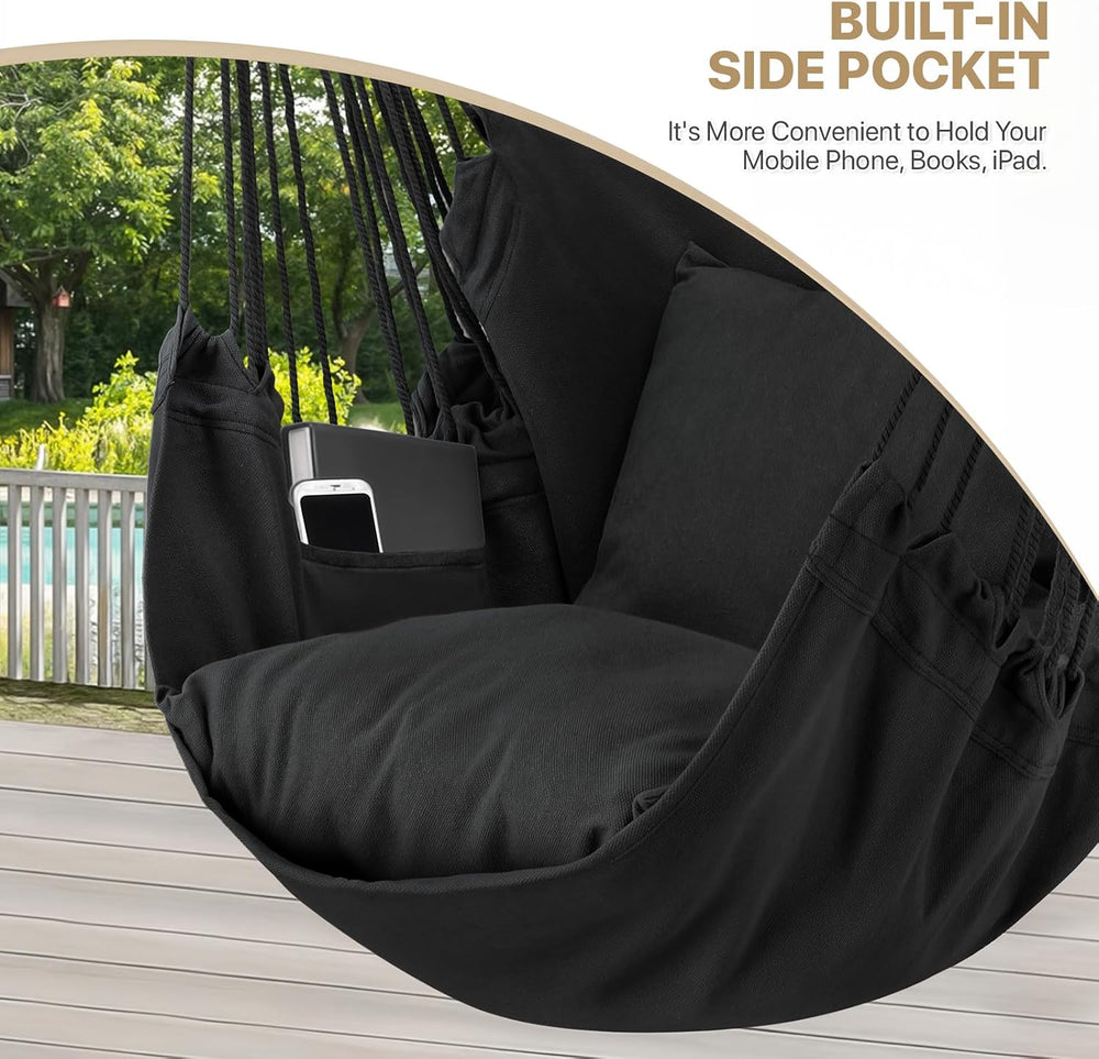 Hammock Chair Hanging Rope Swing w/2 Cushions, Hold 350lbs, Black