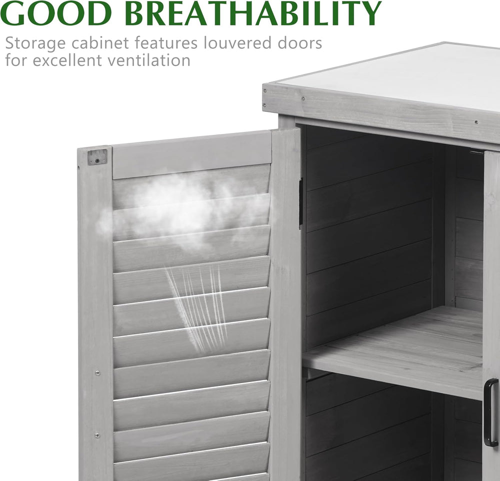 Outdoor Storage Cabinet & Potting Bench Table with Metal Top, Wooden Pati...